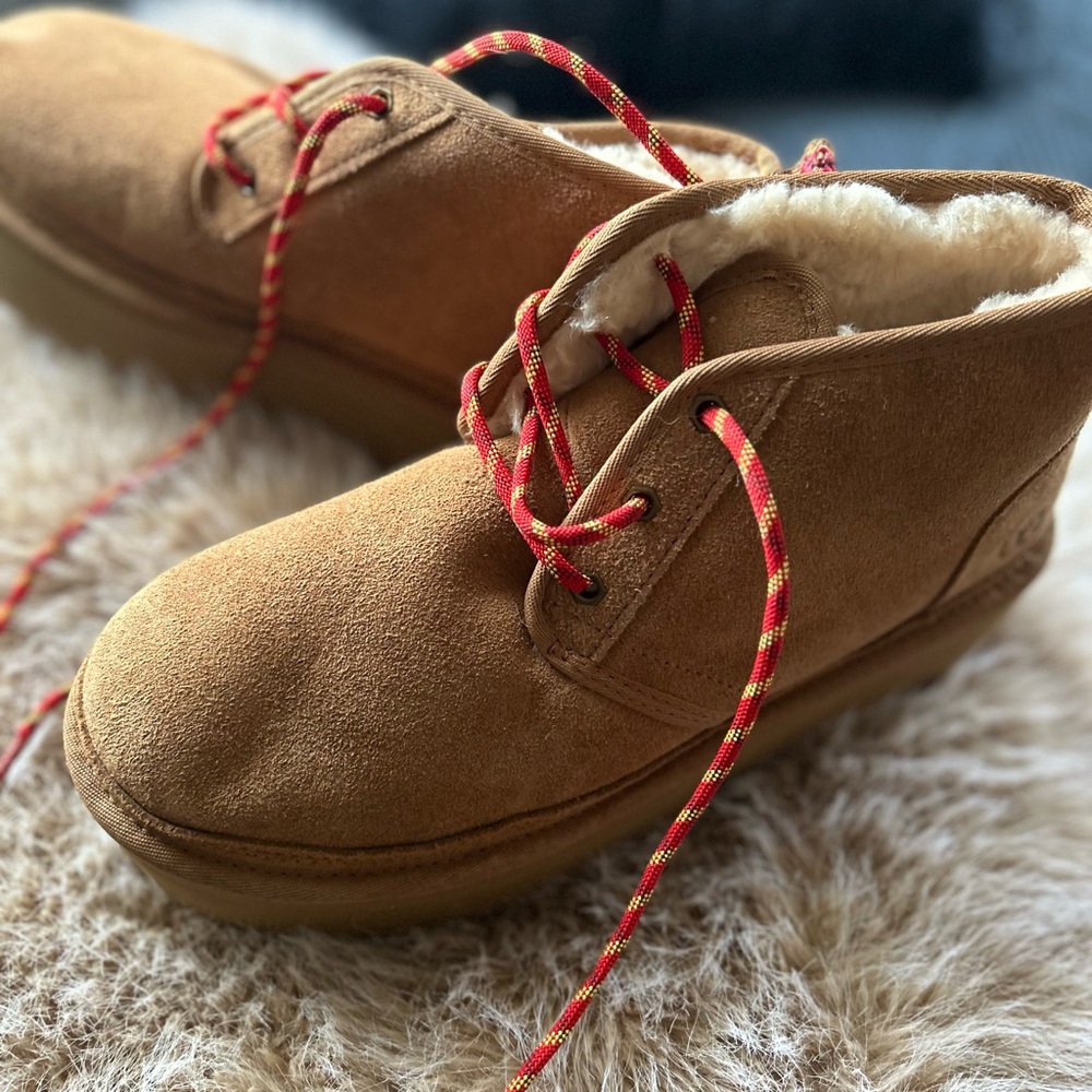 UGG Tan Lace Up Boots with Red Laces